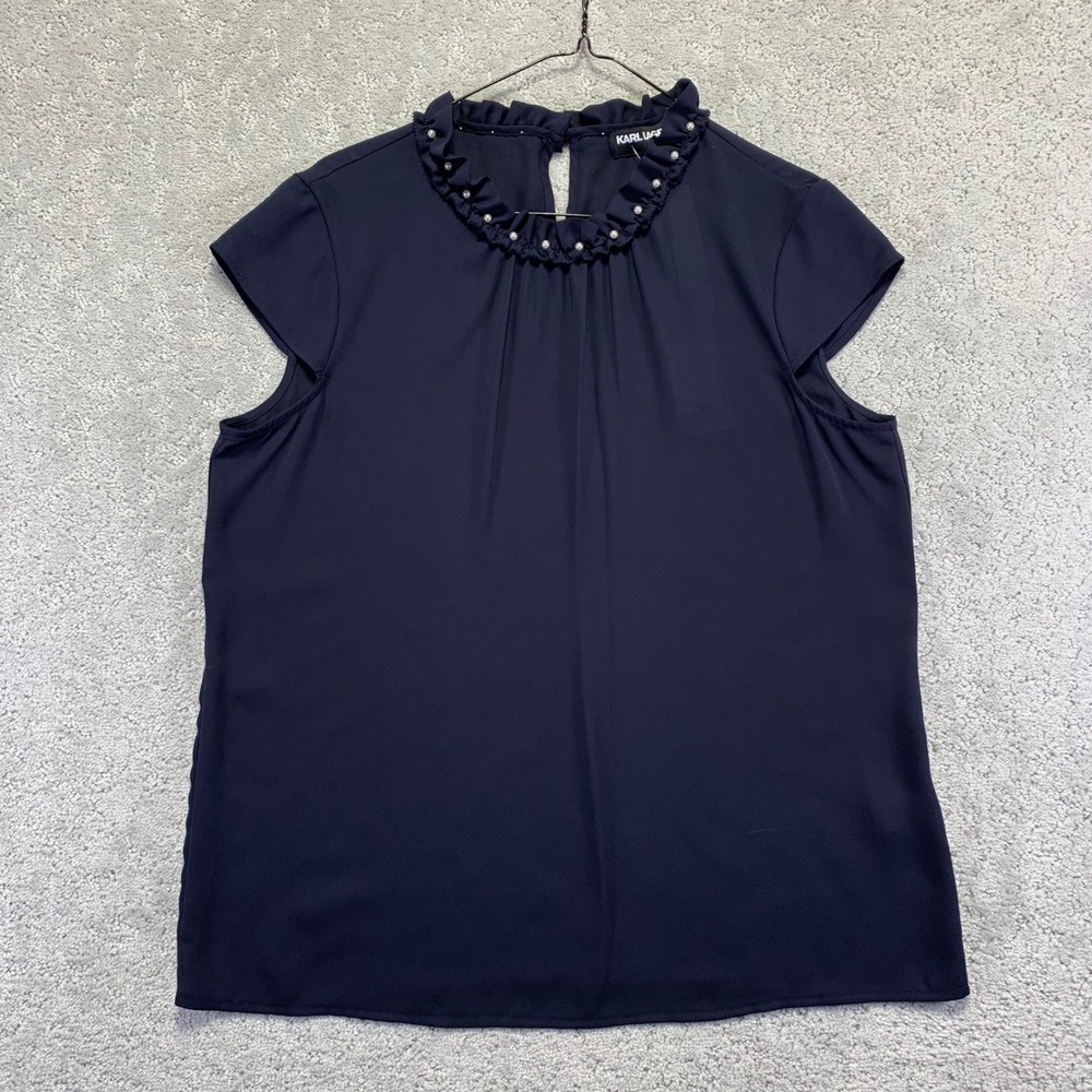 Karl Lagerfeld Paris Davignon Pearl Neckline Blouse Womens Medium Navy Blue
